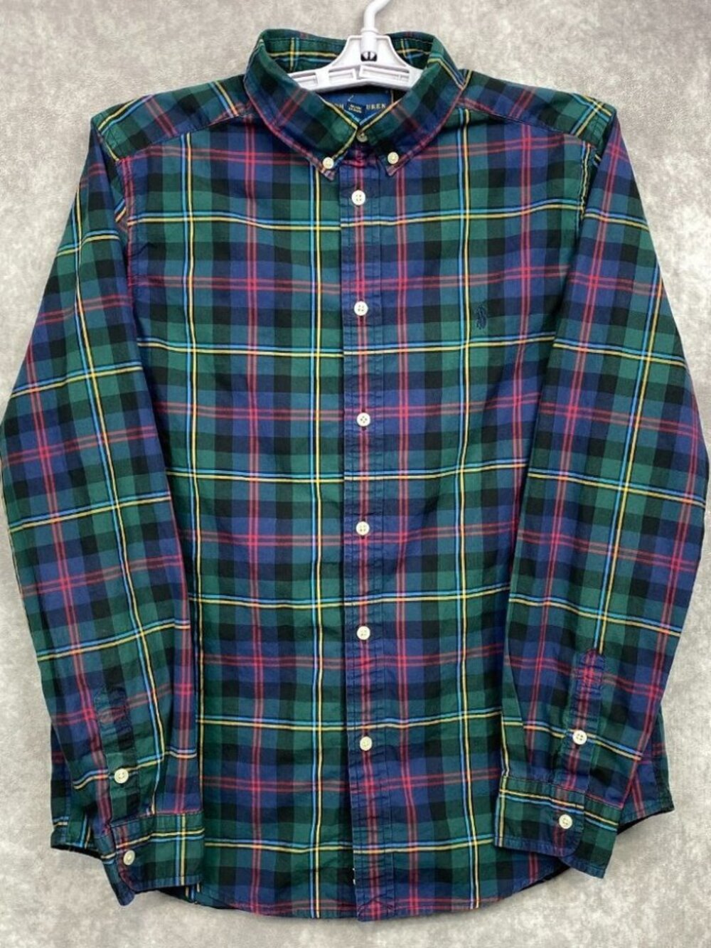 Ralph Lauren Button Down Shirt Youth XL 18-20 Green Purple Plaid Preppy Boys
